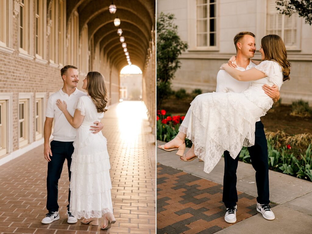 Knowing what to wear for engagement photos can be challenging, but this guide keeps things easy. Couple is standing together with arms wrapped around one other. Captured by Mary Wiebe Photography.