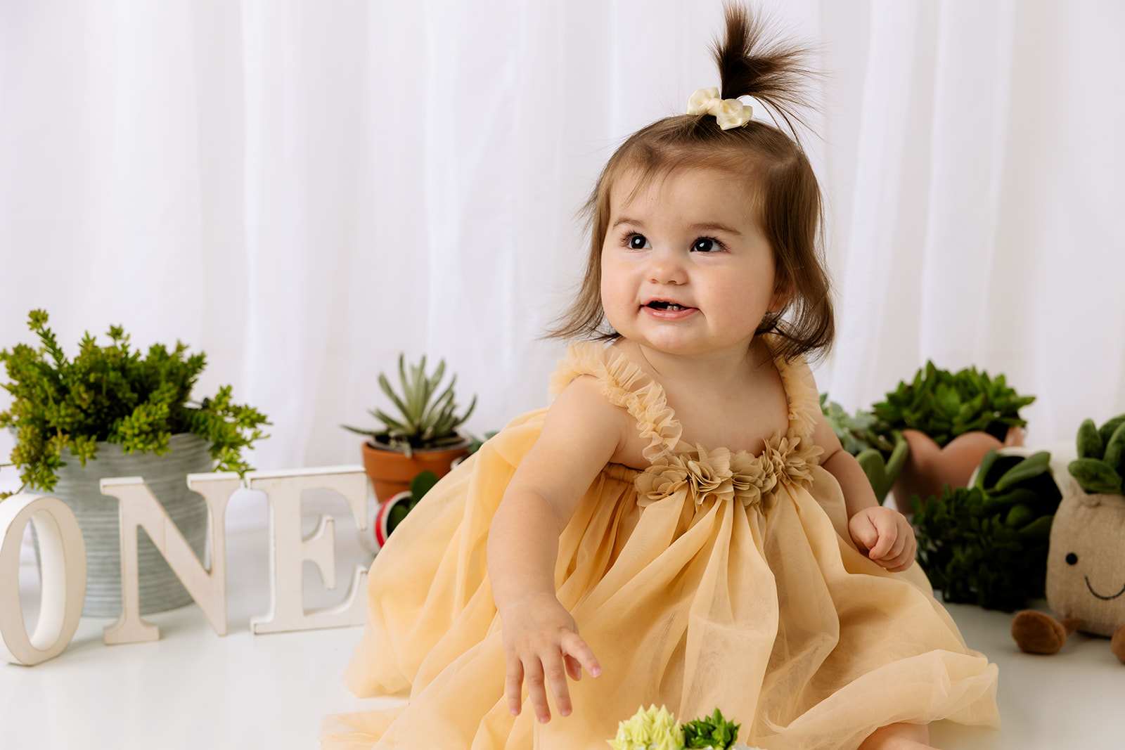 If you're wondering when should I schedule a cake smash session, well your answer lies here! One year girl is putting her hands in cake and smiling at the camera. Mary Wiebe Photography captured this image.