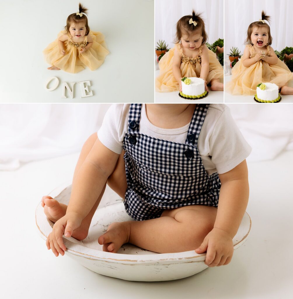 One year old girl is sitting in a large bowl during this cake smash session in Lubbock, TX.
