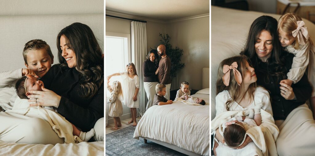 Mother and son hold newborn in their bedroom. Mary Wiebe Photography captured this.