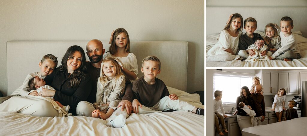 Family of 7 is gathered in mom and dads bedroom for this newborn session.