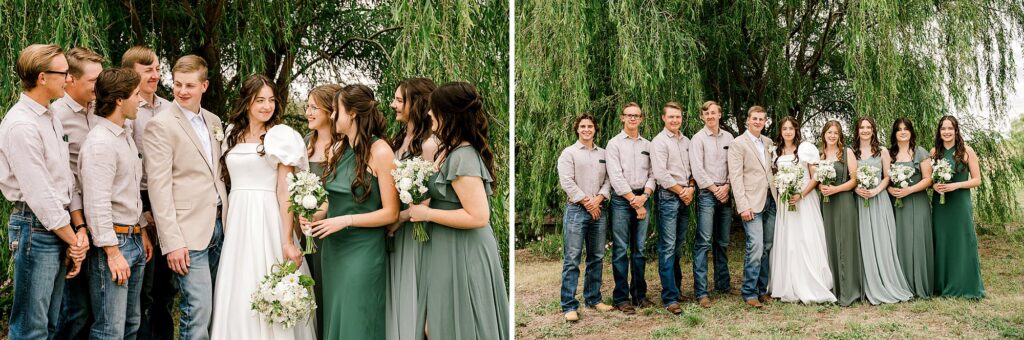 Picture of a bridal party in Lubbock, Texas. Groomsmen on one side, and bridesmaids on the other.