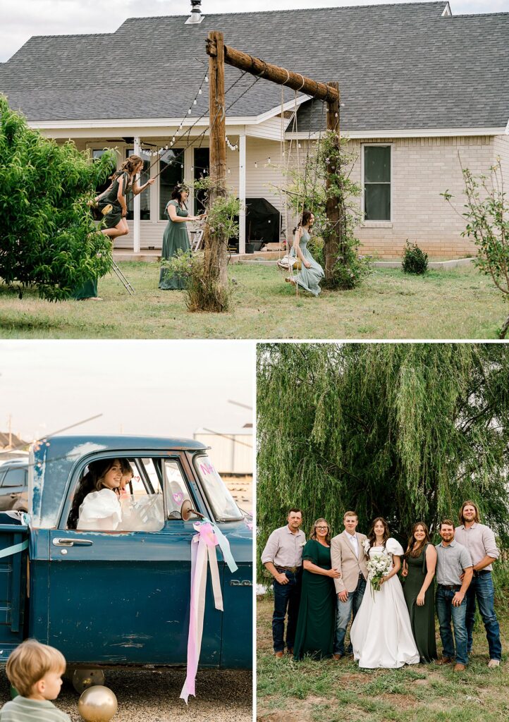 Bridesmaids are swinging on a handmade wooden swing set prior to the ceremony.