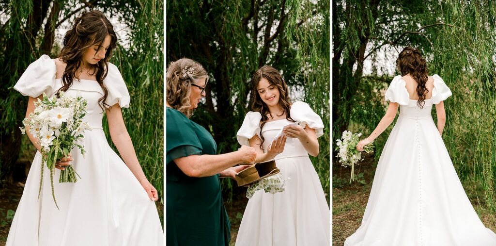 Bride has her back turned to the photographer as the photo is taken of her dress.