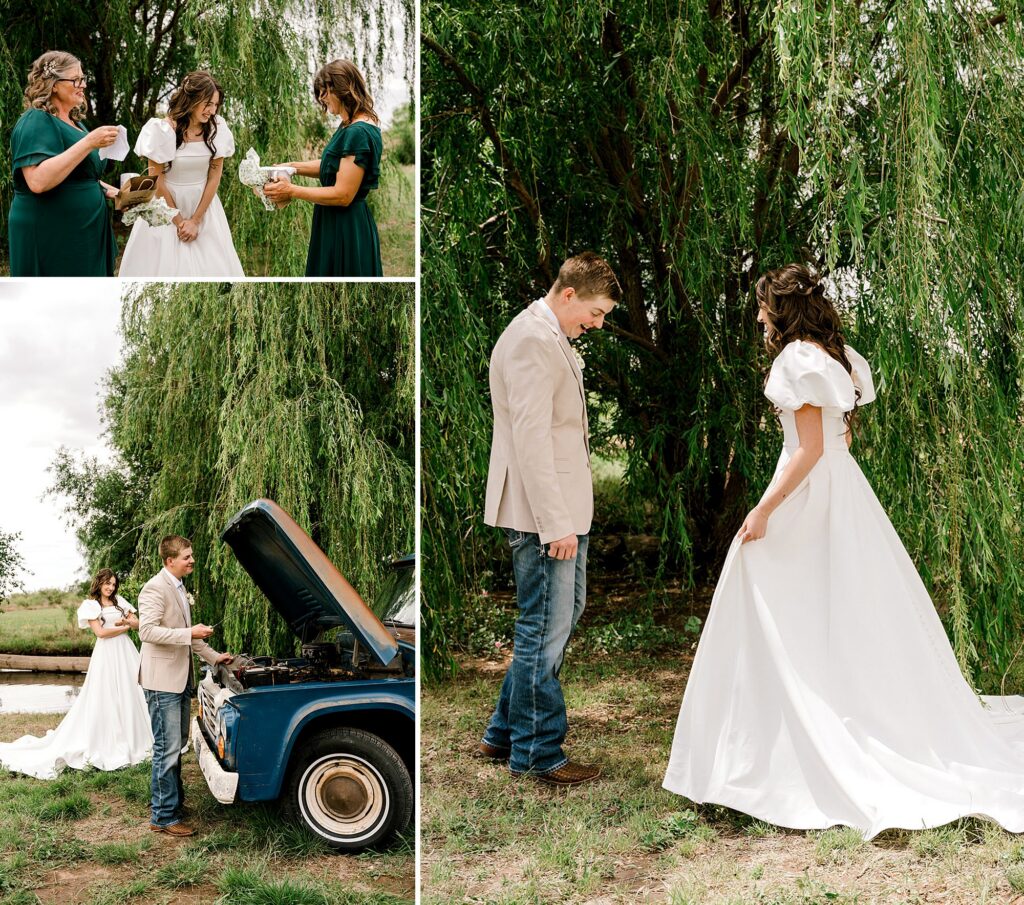 Groom is fixing the truck with the hood open, while the bride stands behind him checking the time. Mary Wiebe Photography captured this.