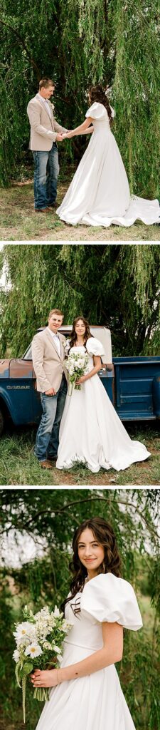 Bride and groom doing a first look in front of a weeping willow tree. Captured by Lubbock Wedding Photographer, Mary Wiebe.