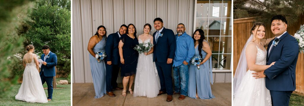 Bride and groom standing with family at the end of the ceremony. Captured by Mary Wiebe Photography. 