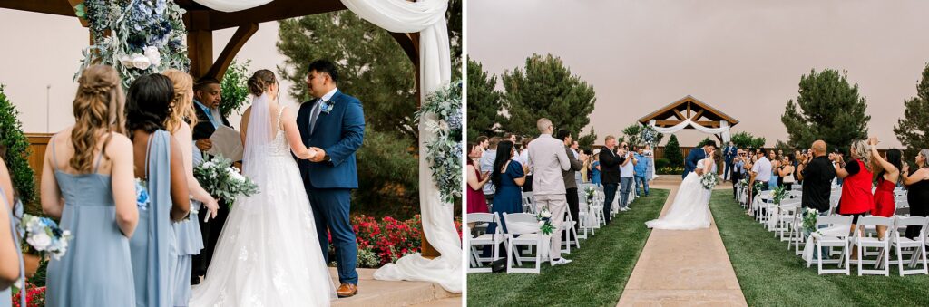 Bride and groom share a dip kiss walking down the aisle after the ceremony. Mary Wiebe Photography captured this. 