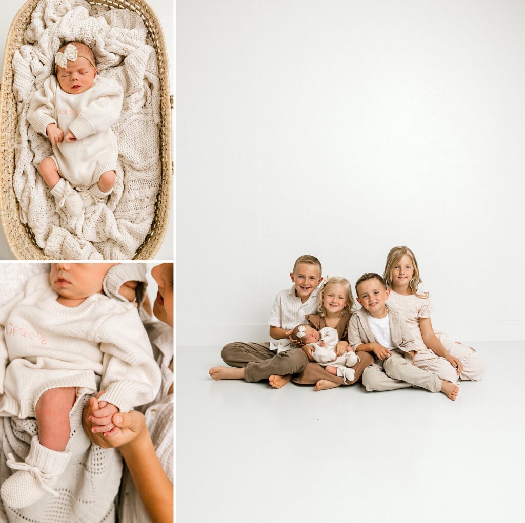 Newborn baby girl is in a basket. Captured by Mary Wiebe Photography.