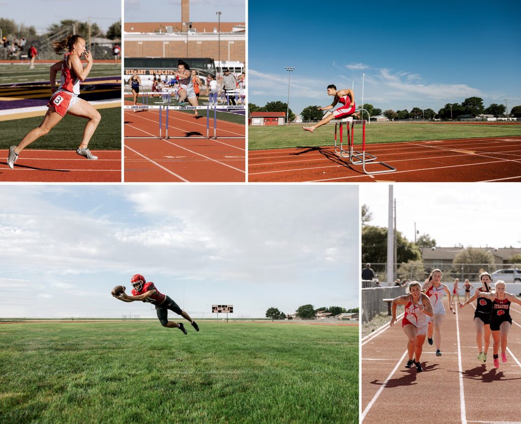 Senior boy is jumping over a hurdle on the track. Captured by Mary Wiebe Photography.