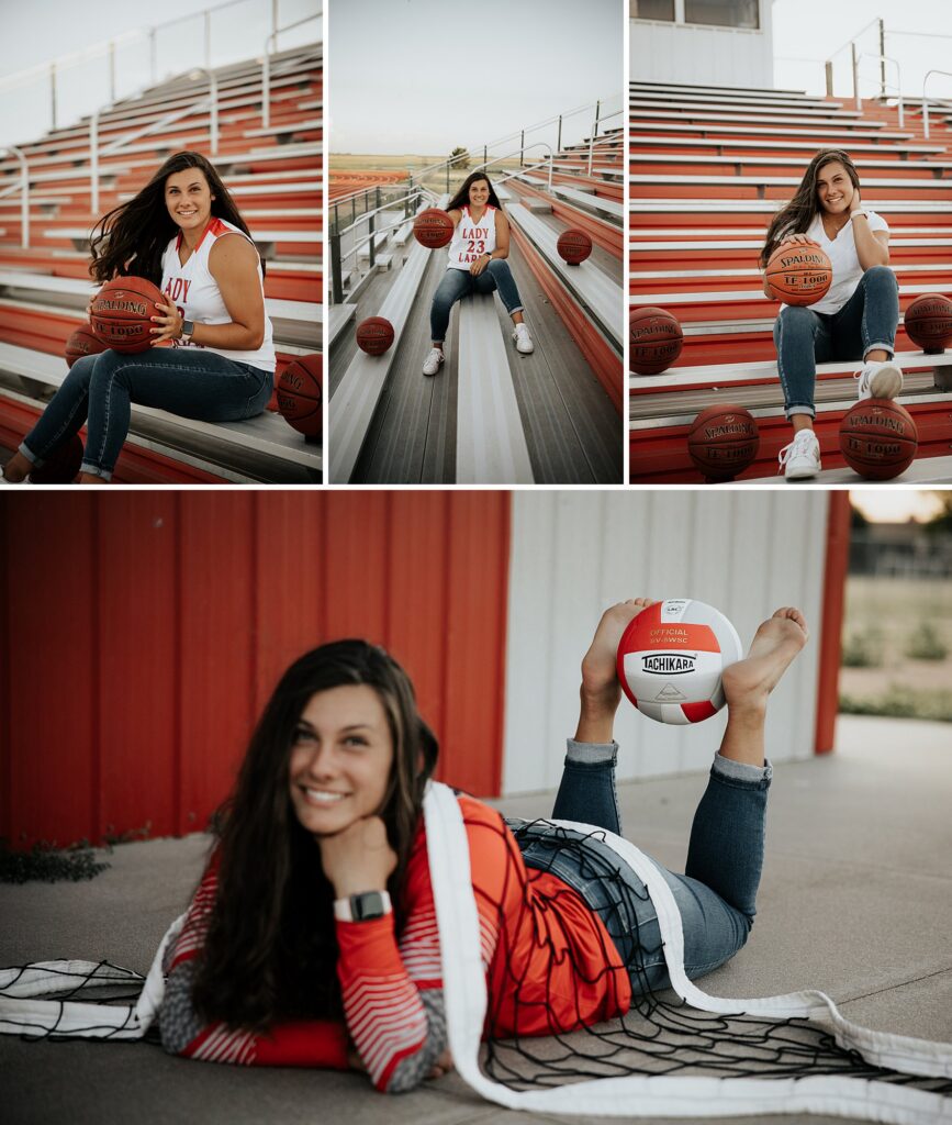 Senior girl is sitting on bleachers holding a basketball up to the camera. By Mary Wiebe Photography.