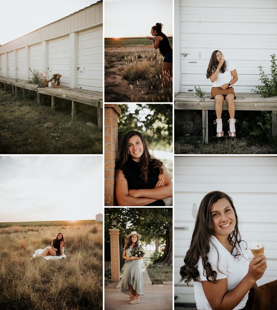 Senior girl is eating an ice cream cone while wearing her roller skates for this senior session. Captured by Mary Wiebe Photography.