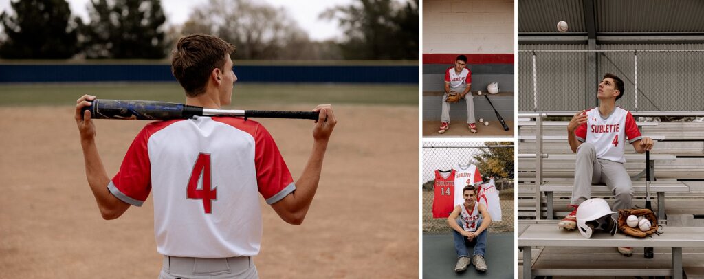 Athlete senior pictures taken by Mary Wiebe Photography. Senior baseball player is holding his bat with his back to the camera.