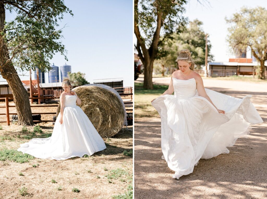 Bridal portrait where bride is walking down a dirt driveway. Captured by Mary Wiebe Photography.