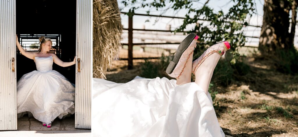 Bride is walking through barn doors and looking away from the camera in her long elegant dress. Captured by Mary Wiebe Photography.