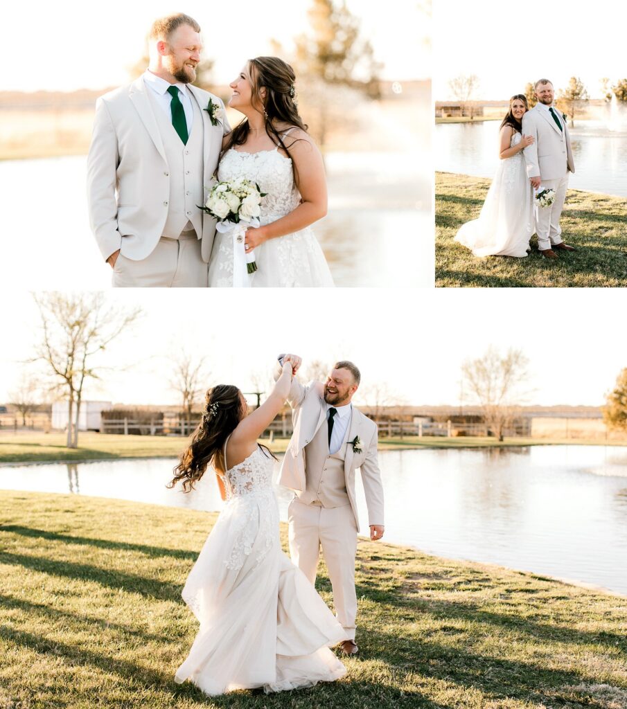 Groom is spinning his bride in this golden hour wedding photo. Captured by Mary Wiebe Photography. 