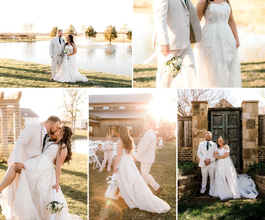 These golden hour wedding photos captured by Mary Wiebe Photography is highlighting a bride and groom walking with the sunlight shining through trees. 
