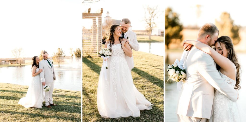 Bride is holding her husbands are during these sunset wedding portraits captured by Mary Wiebe Photography. 