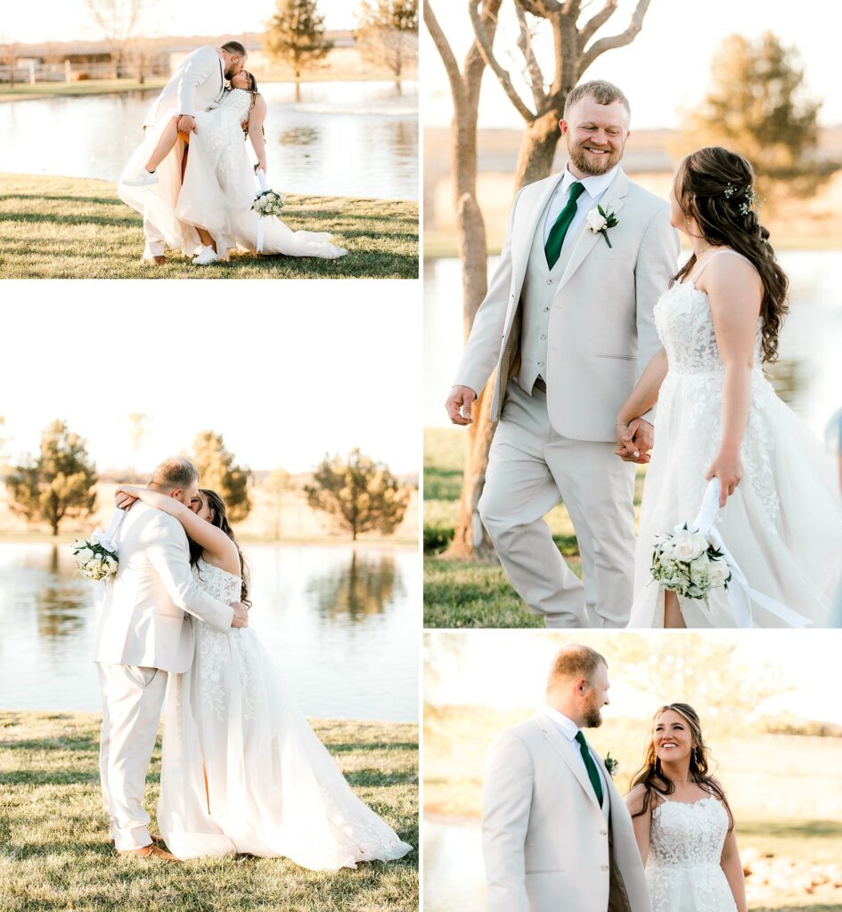 Bride and groom are sharing a kiss during these sunset wedding portraits. Captured by Mary Wiebe Photography. 