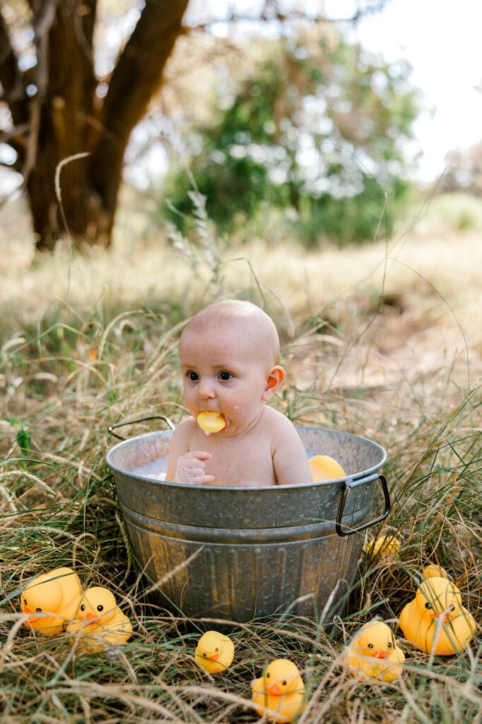 Baby boy has rubber duck in his mouth during his six month baby photos. 