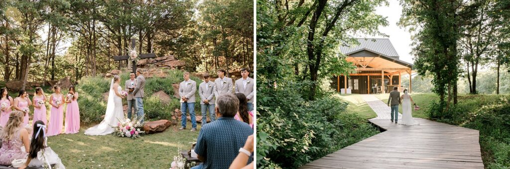 Bride and groom holding hands during the ceremony. Second photo, Bride and groom walking towards the wedding venue.