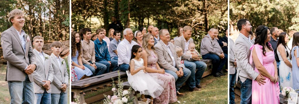 Mother and father of the bride are watching their daughter walk down the aisle.