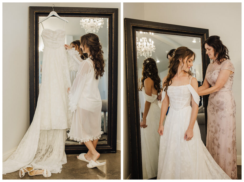 Bride getting dressed by mother in Lubbock, Texas with Mary Wiebe Photography luxury weddings