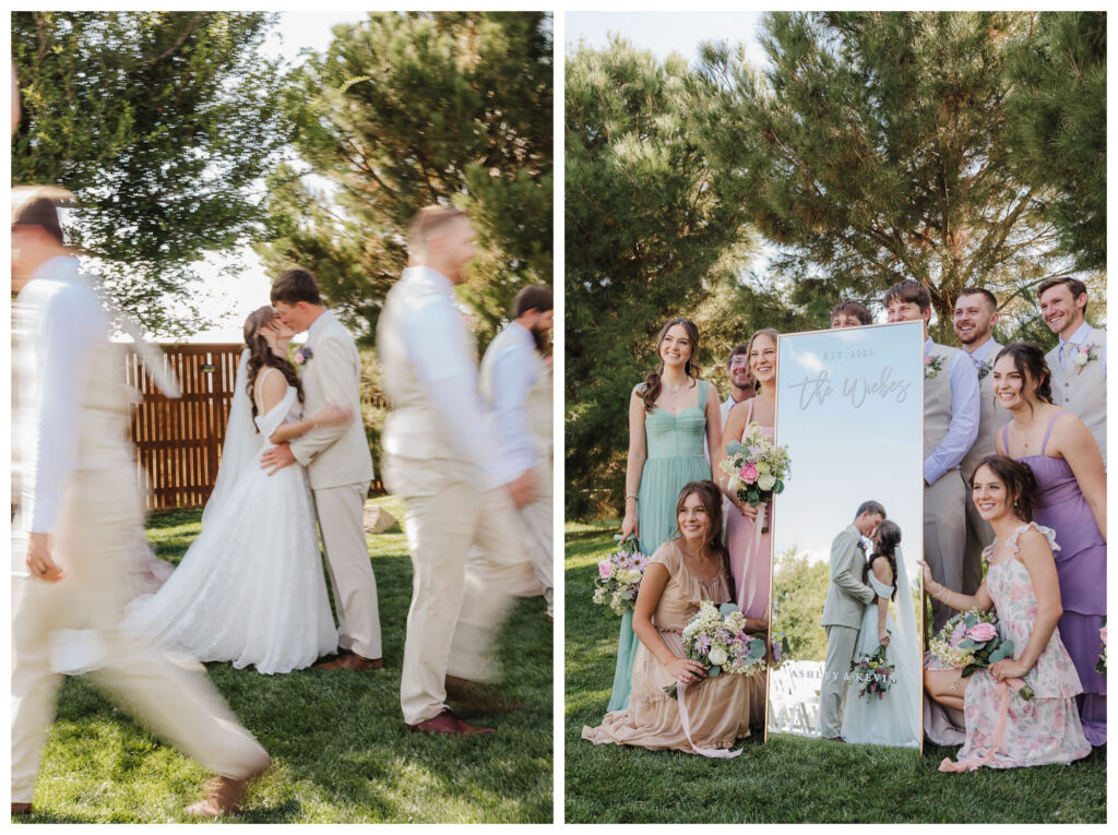Outdoor photo of wedding party in a mirror because every love story deserves a printed album