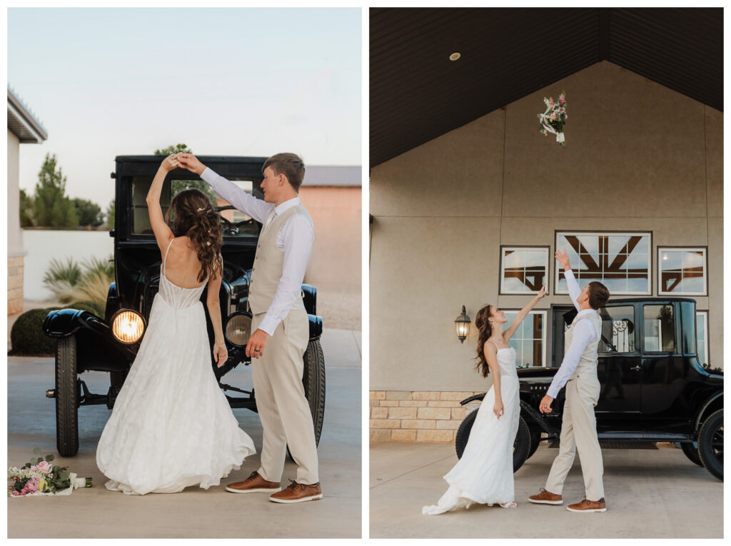 Groom spins the bride outside in Lubbock, TX next to their get-away car