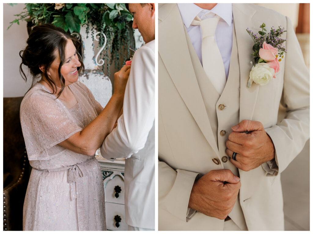 pinning a flower on the lapel taken by Mary Wiebe Photography a luxury wedding photographer based in Lubbock, Texas