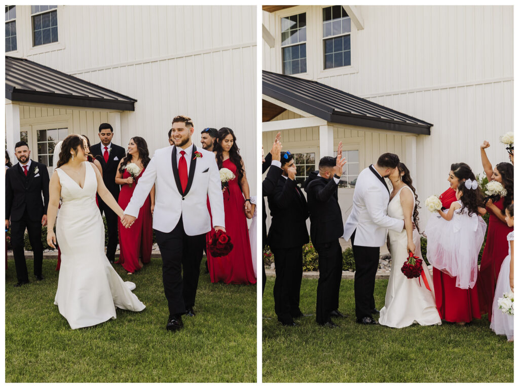 Bride and groom with white black and red wedding colors kiss on lawn on venue at Diamond Hill in Seminole, TX 