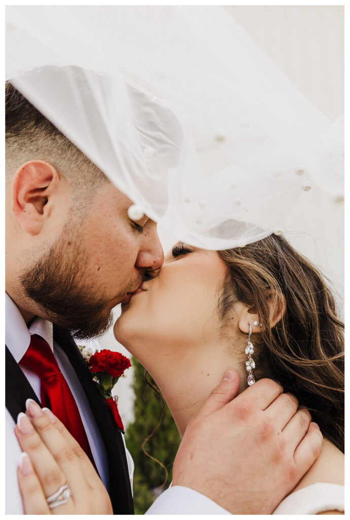 Bride and groom kissing under a pearl veil, Mary Wiebe Photography
