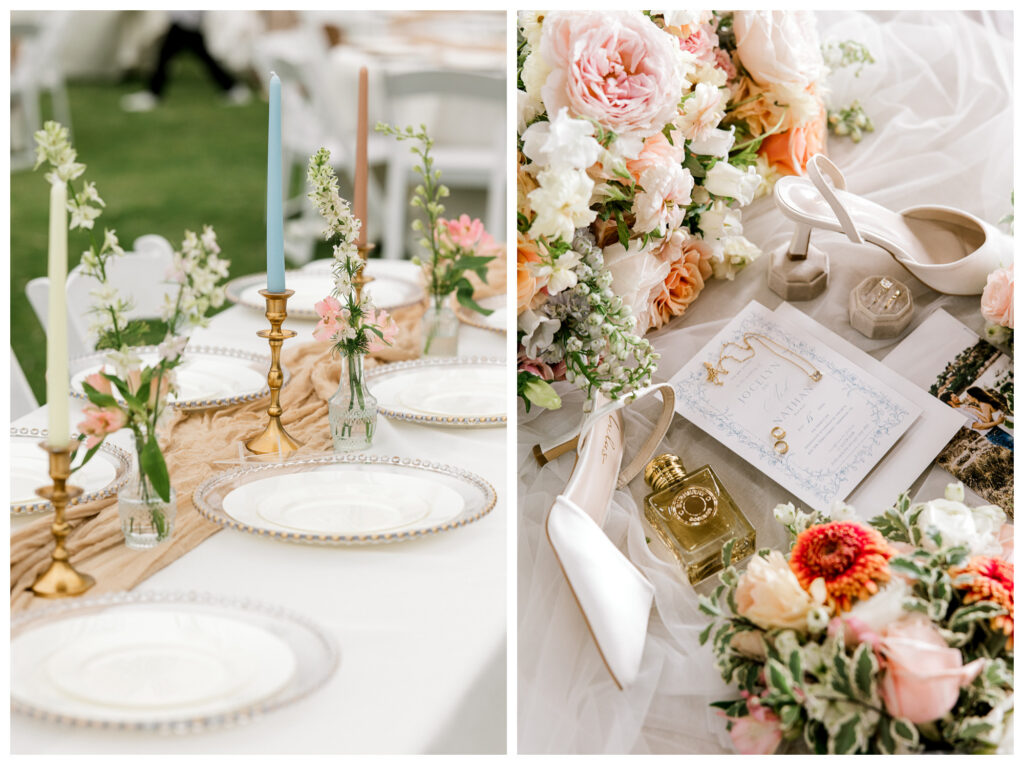 Wedding color palette of soft blue, blush pink, ivory, and gold in the table settings, bridal shoes, flowers, and accessories