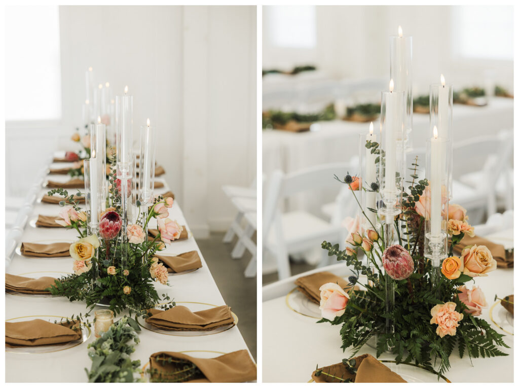 Wedding reception table with ivory linens, gold accents, brown napkins, and floral centerpieces in warm neutral tones