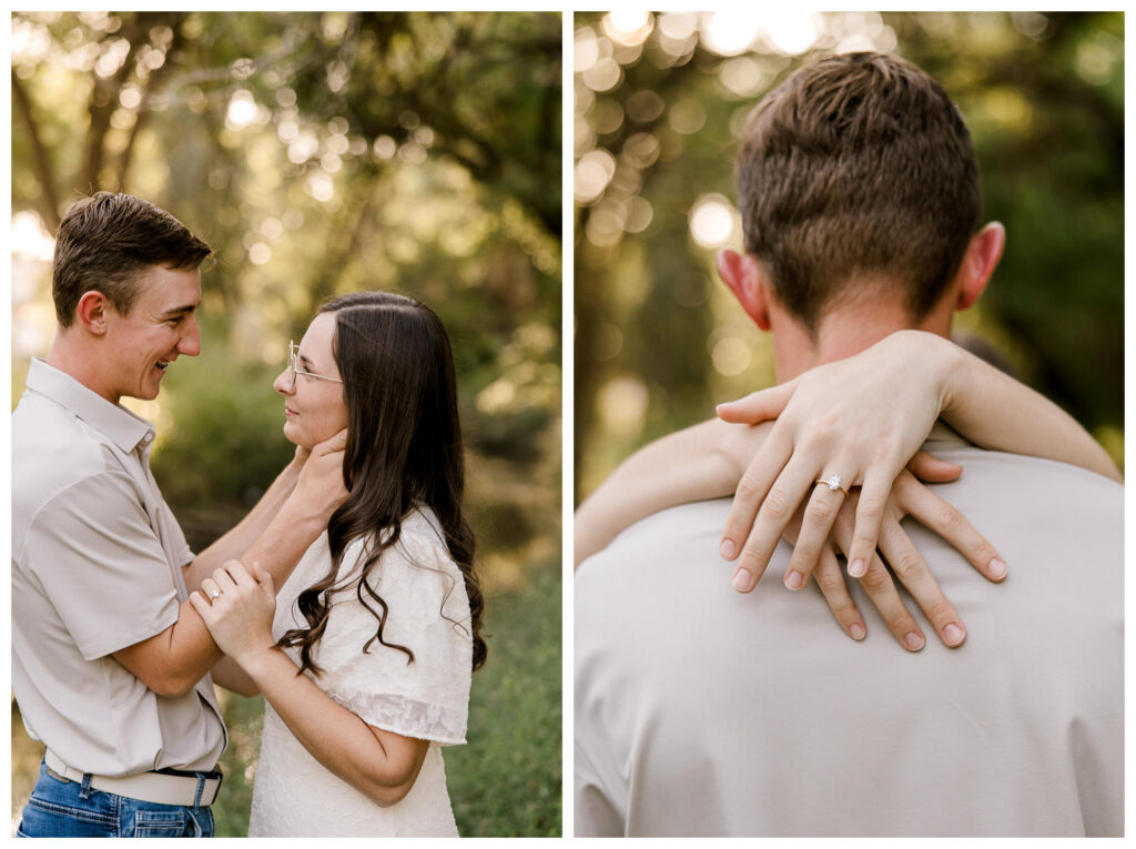 Couple pose with his hands on her neck and she grabs his arm. Are you wondering if you should book an engagement session?